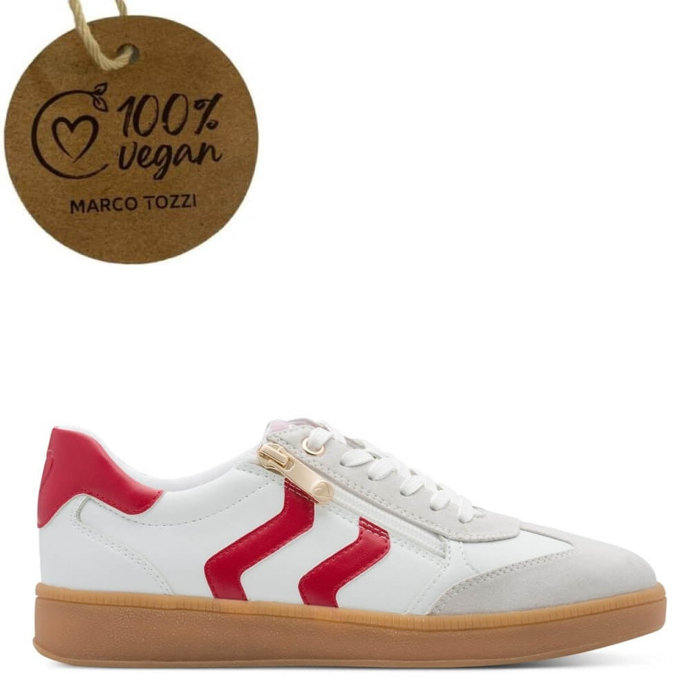 White sneaker with red accents and a '100% Vegan' label on a white background