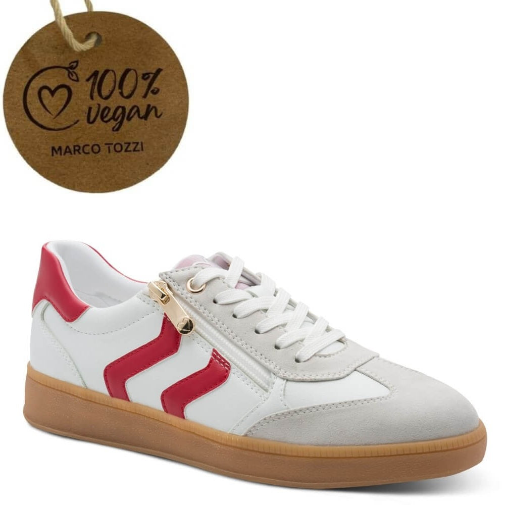 White and red sneaker with a '100% Vegan' label on a white background