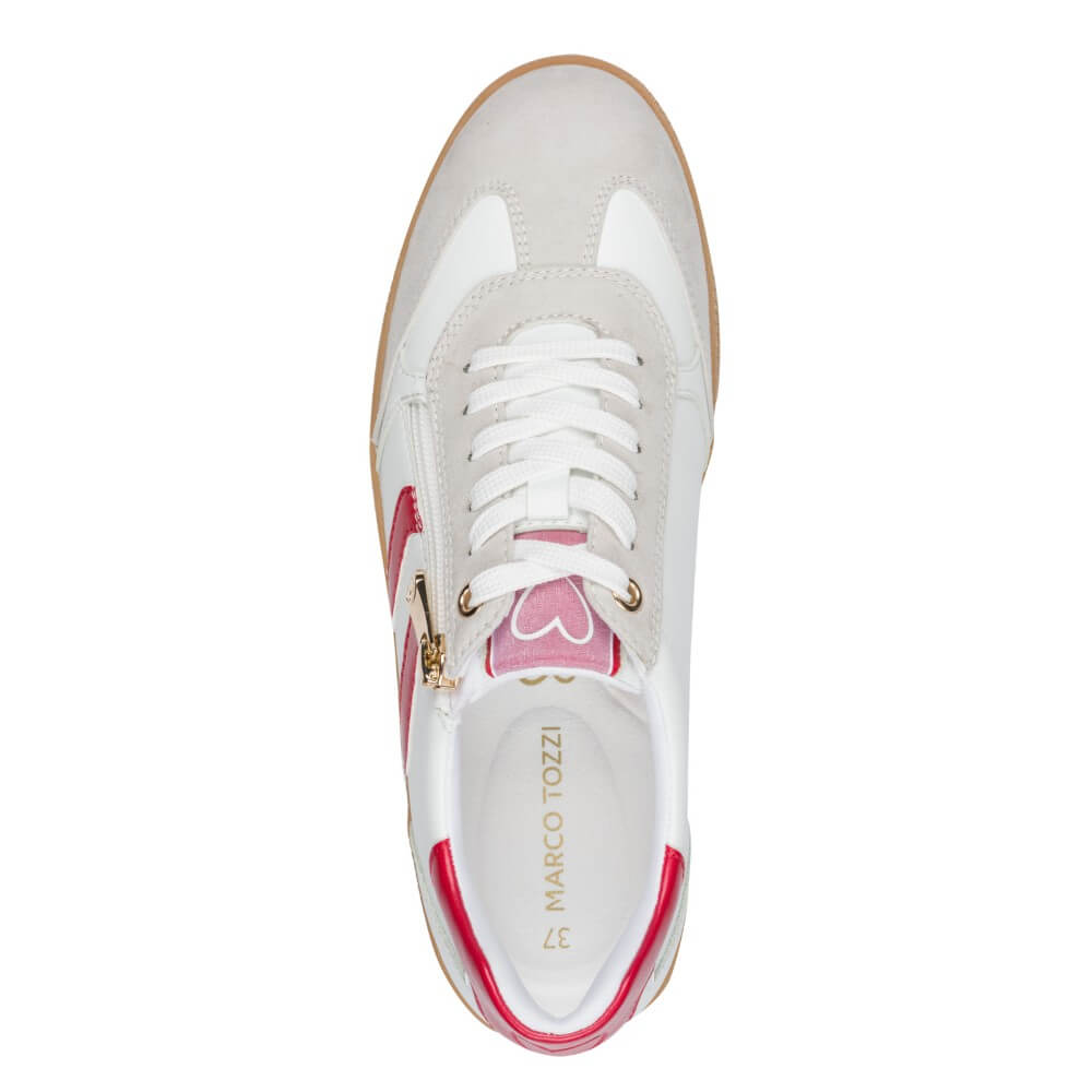 White sneaker with red accents and a heart design on a white background