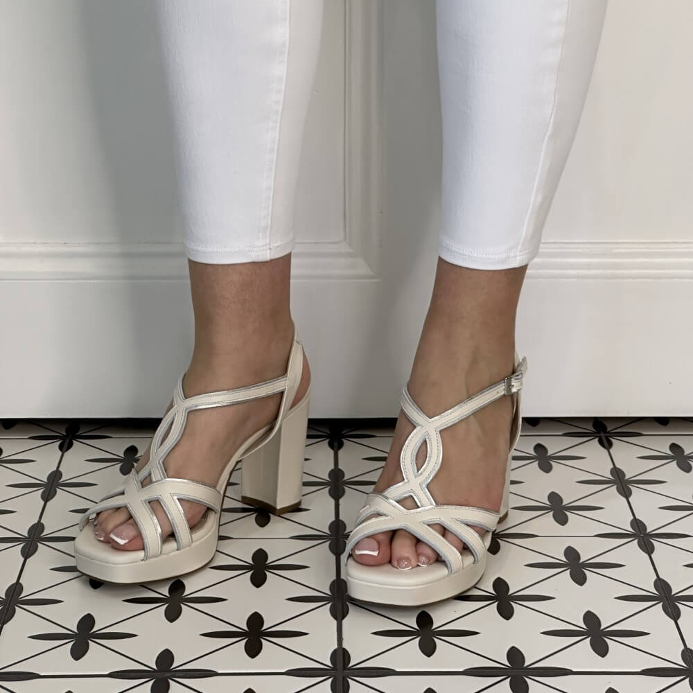 Marian Platform Sandal 62208 Cream Leather & Silver