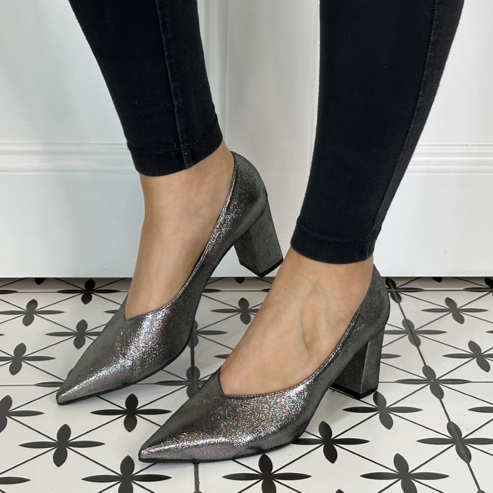 Silver glittery high-heeled shoes worn with black pants Marian Block Heel Court Shoe 2305 Dark Silver