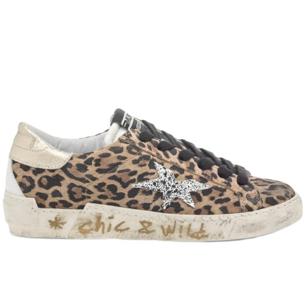 Meline Leopard print sneaker with star detail and 'chic & wild' text on a white background