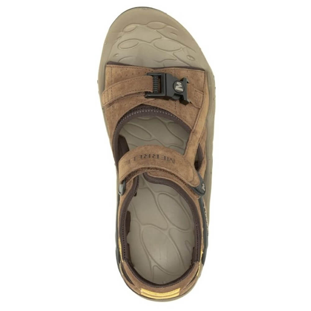 Merrell Brown walking sandal with black and yellow accents on a white background
