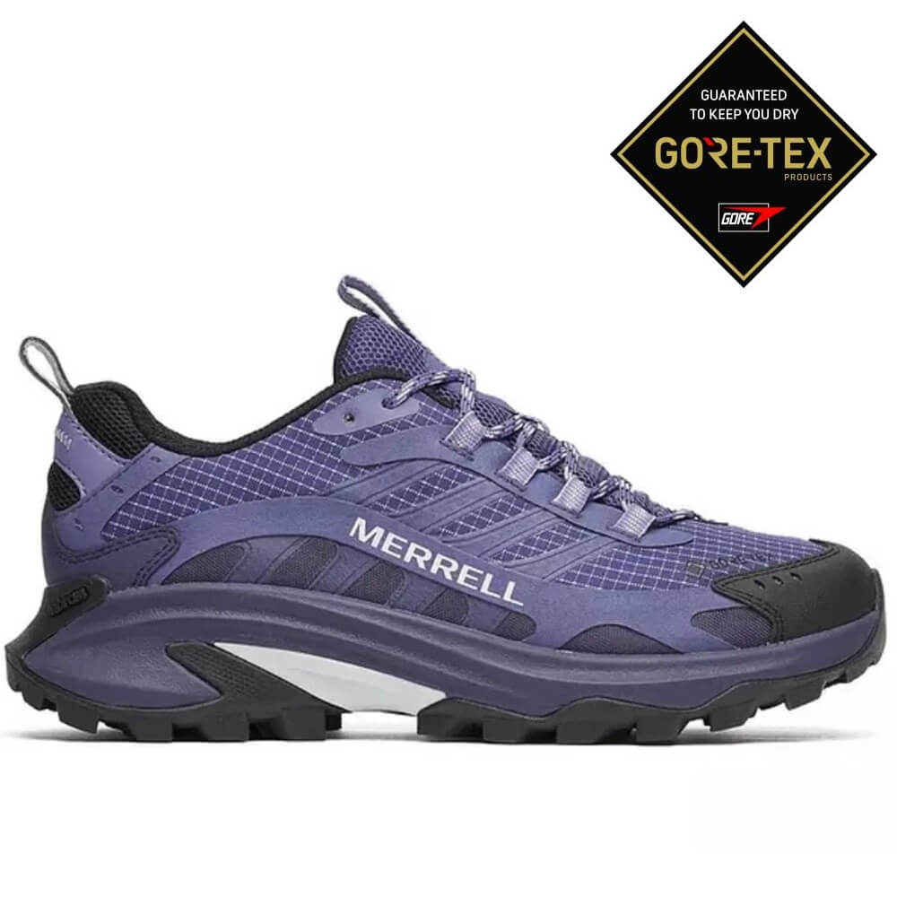 Purple Merrell hiking shoe with GORE-TEX logo on a white background