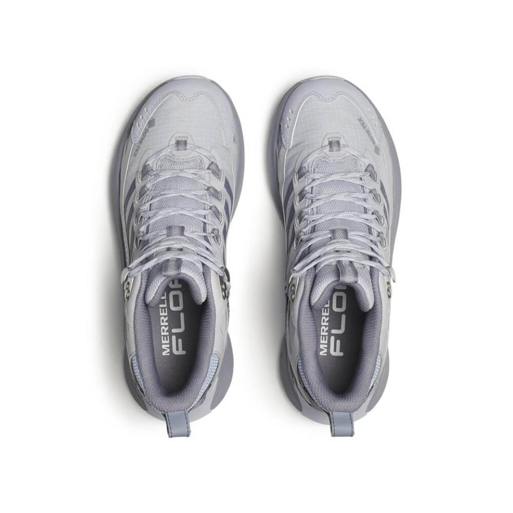 Gray hiking boot with Merrell branding and Gore-Tex logo on a white background