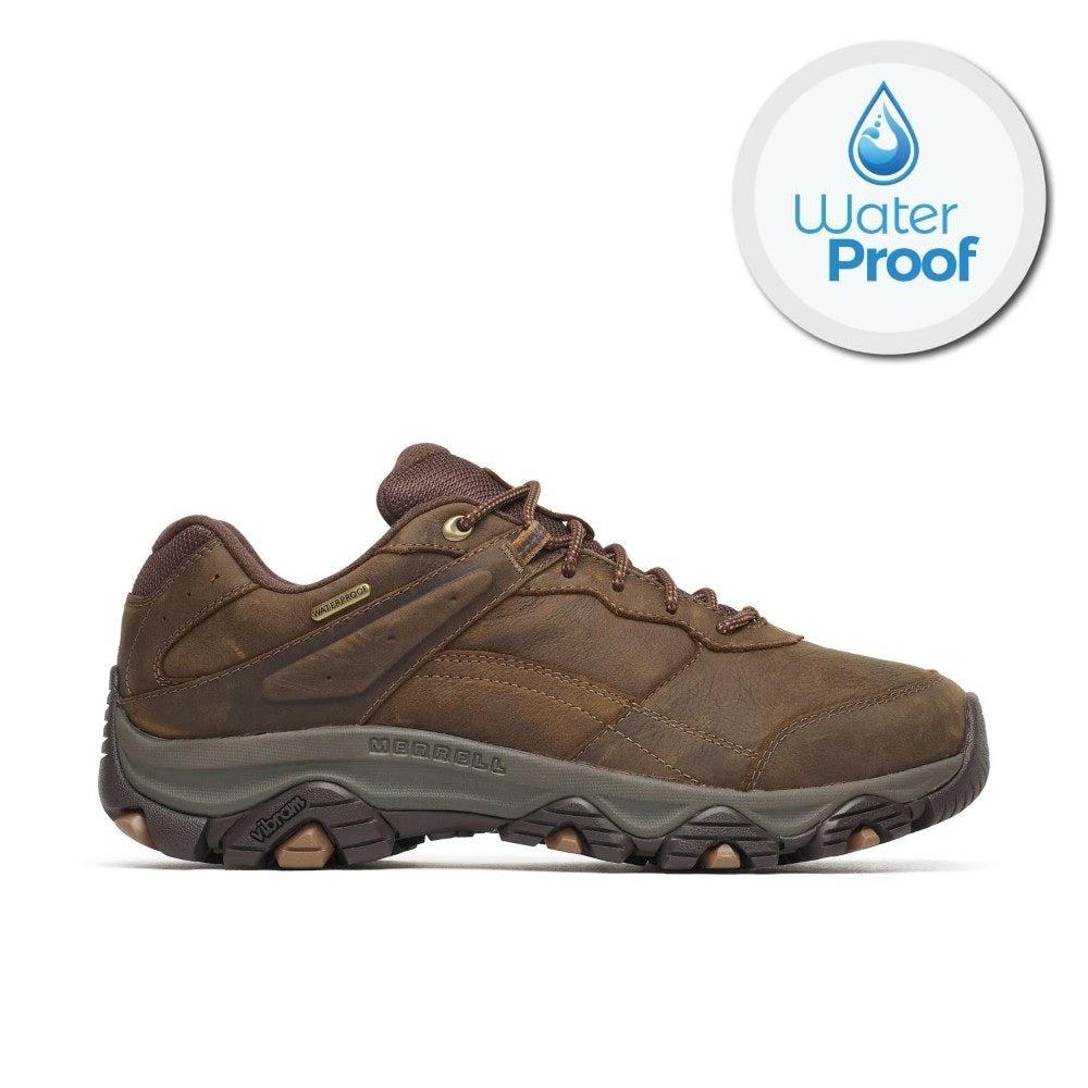 A Merrell brown waterproof hiking shoe shown in profile against a white background, with a circular 'Water Proof' badge in the top right corner.