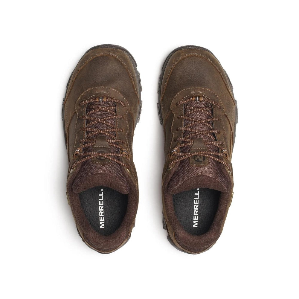 A pair of Merrell walking shoes in dark brown leather, shown from a top-down view on a clean white background.