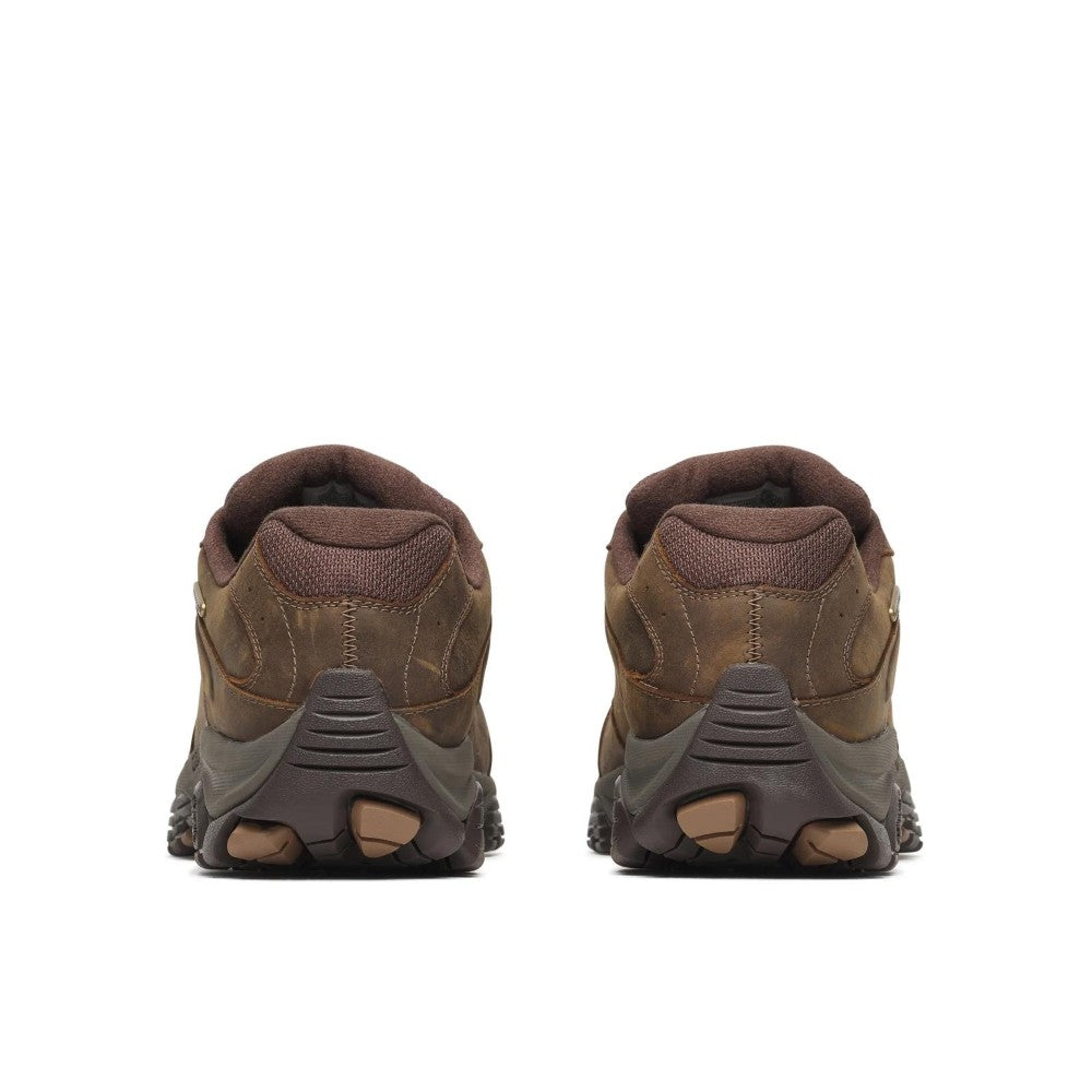 A pair of brown and dark gray hiking shoes shown from the rear on a plain white background.