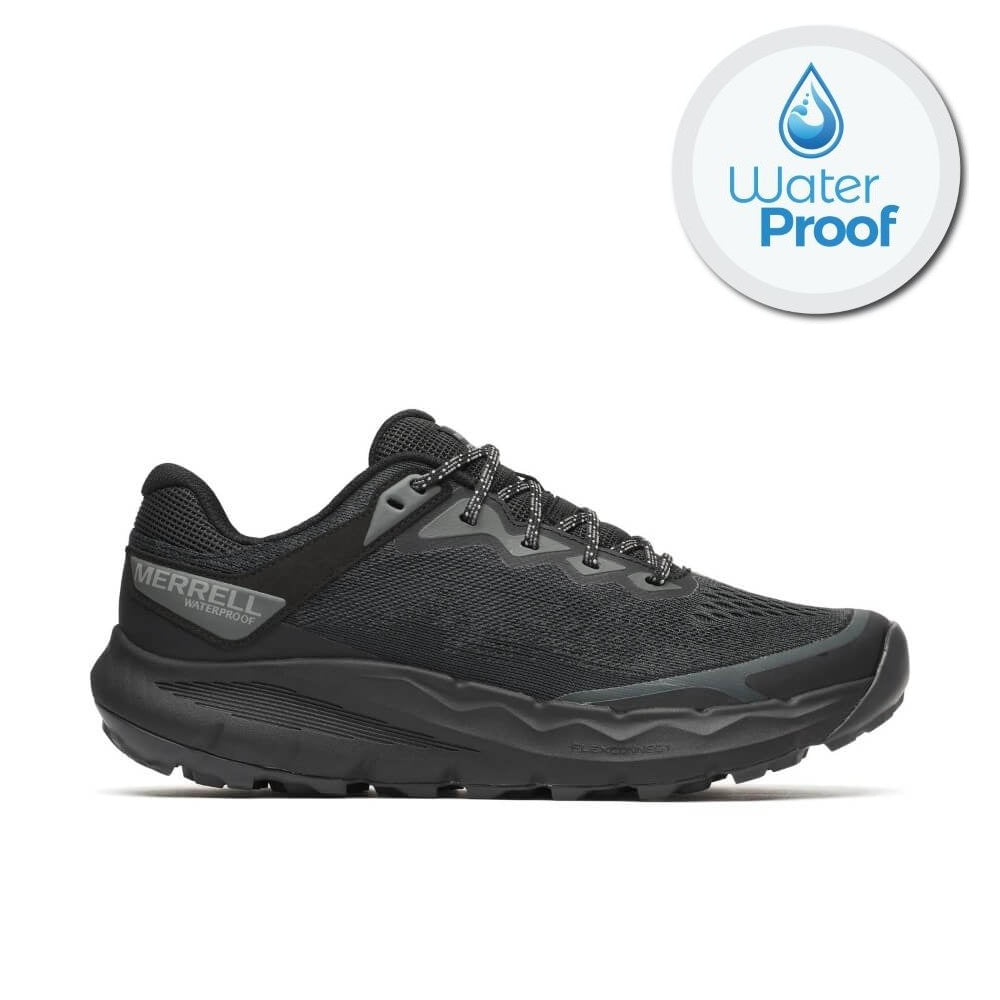 A Merrell black trail running shoes shown on a white background, with a circular 'Water Proof' badge in the top right corner.
