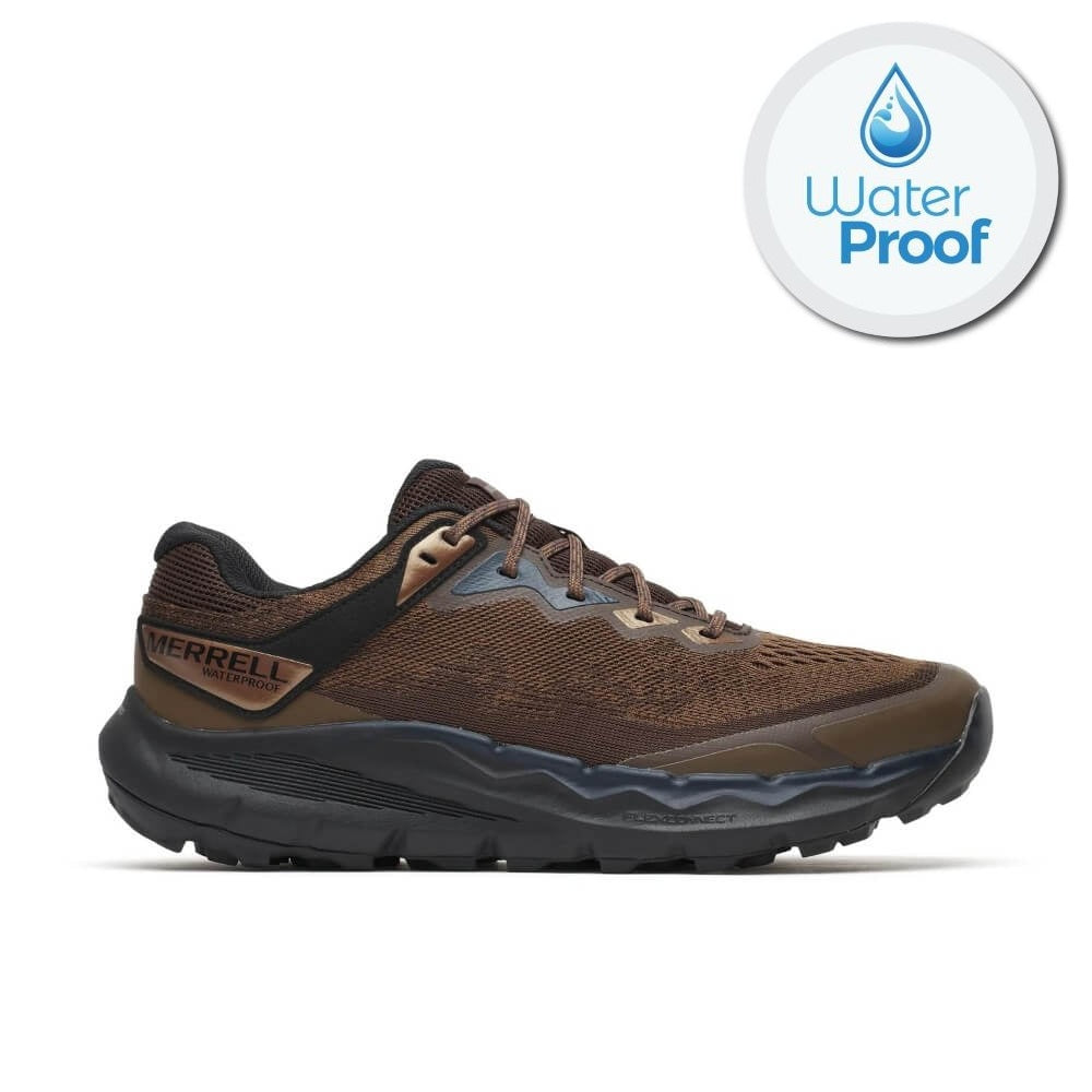 A Merrell brown trail running shoe shown from a three-quarters angle on a white background, with a circular 'Water Proof' badge in the top right corner.