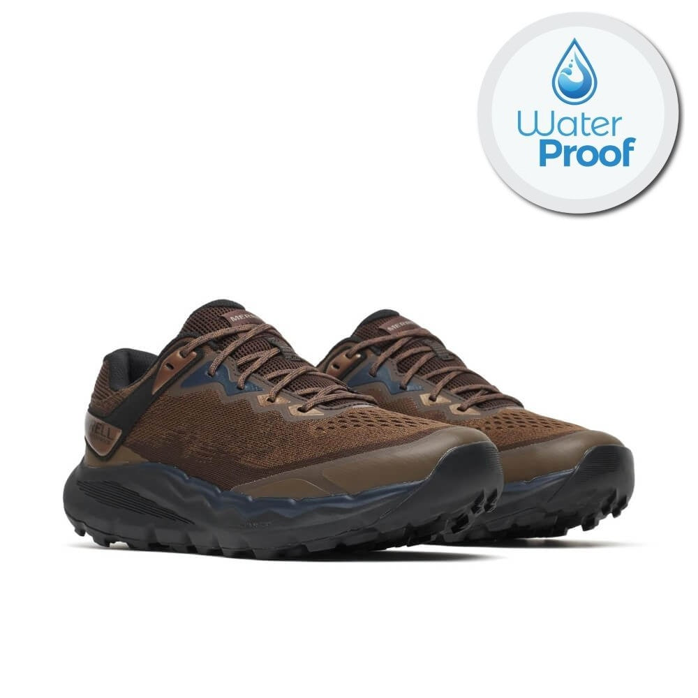 A pair of Merrell brown trail running shoes shown from a three-quarters angle on a white background, with a circular 'Water Proof' badge in the top right corner.