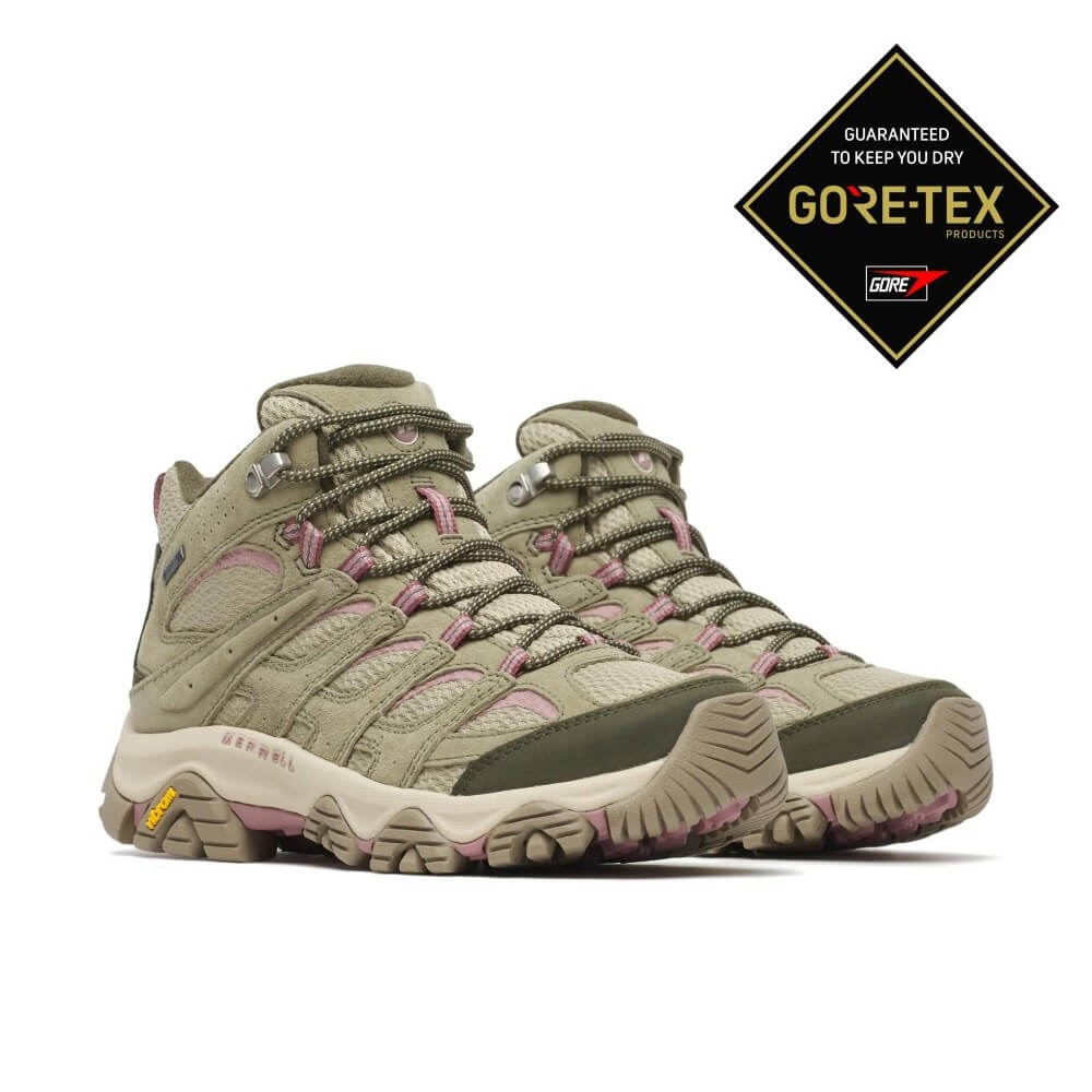 A pair of Merrell Moab Gore-Tex Hiking boots in Olive on a white background