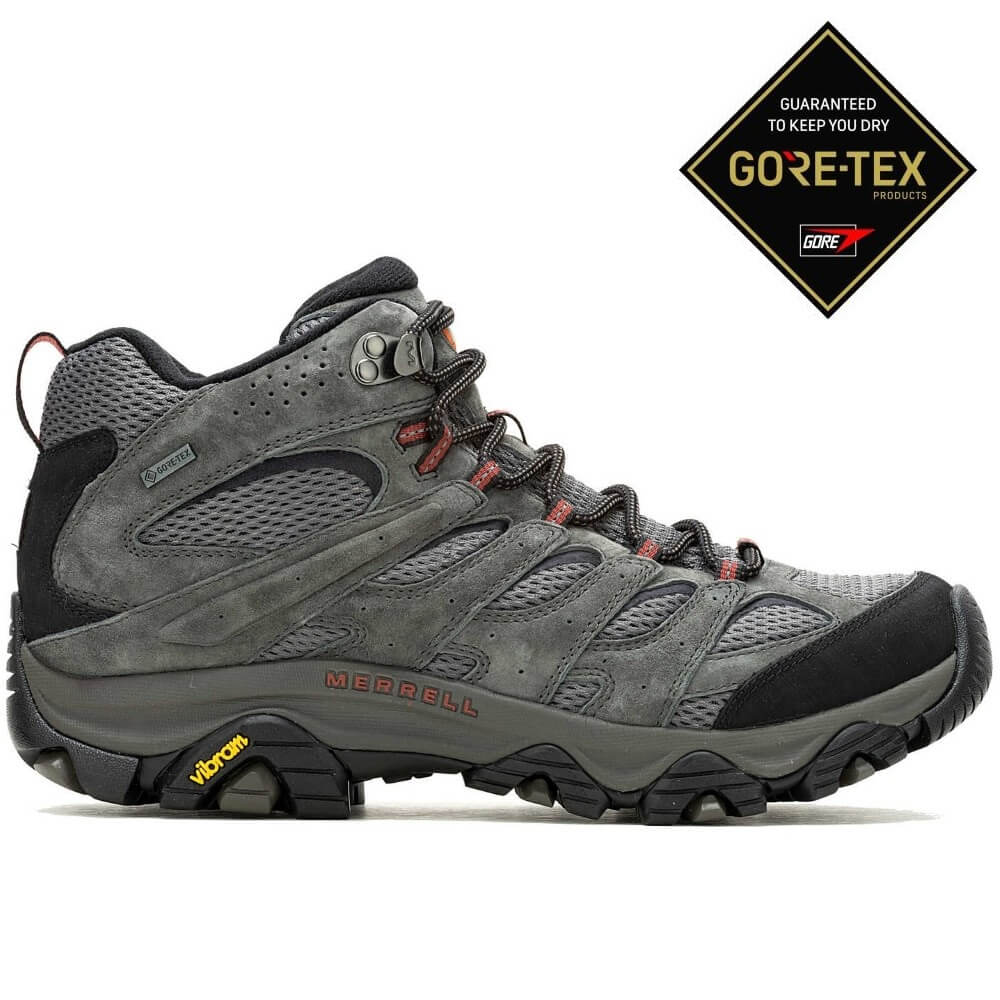 Gray hiking boot with black sole and Gore-Tex logo on a white background Merrell Moab 3 Mid Gore-Tex Walking Boot Beluga Grey
