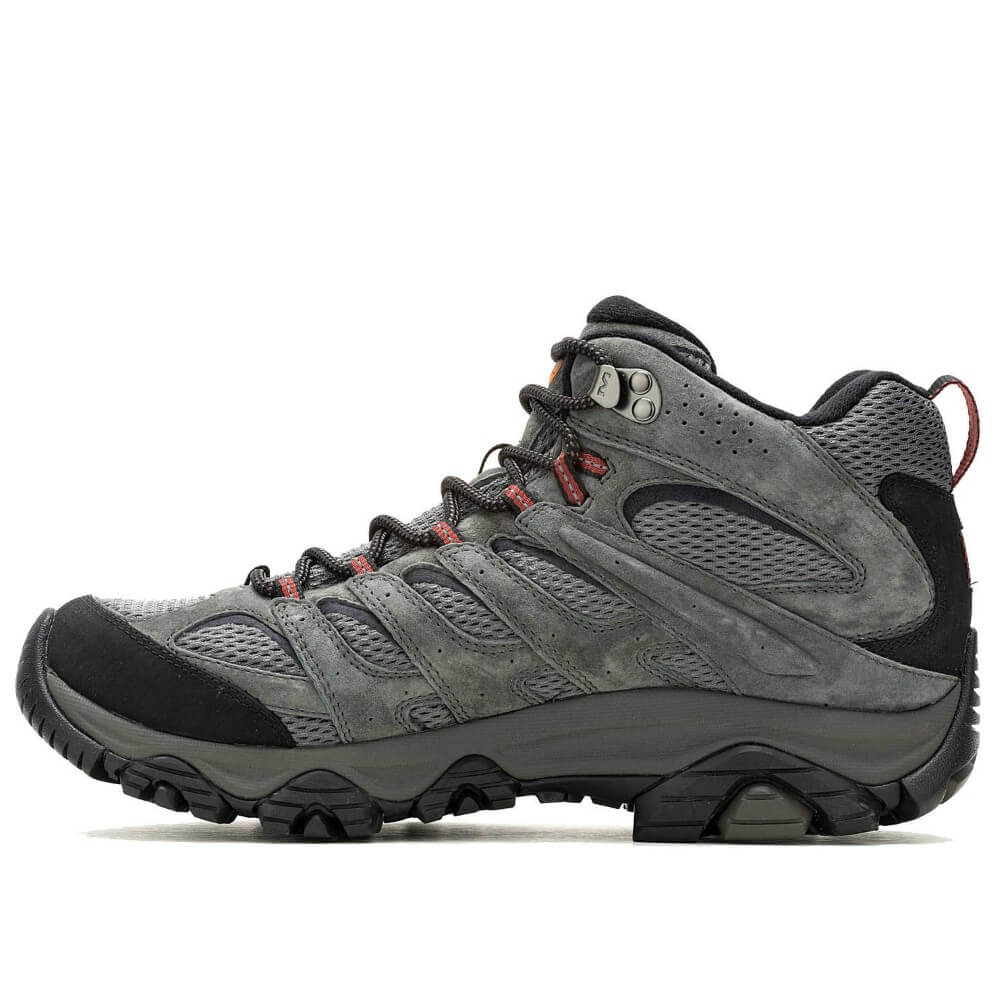 Gray hiking boot with black sole and Gore-Tex logo on a white background Merrell Moab 3 Mid Gore-Tex Walking Boot Beluga Grey