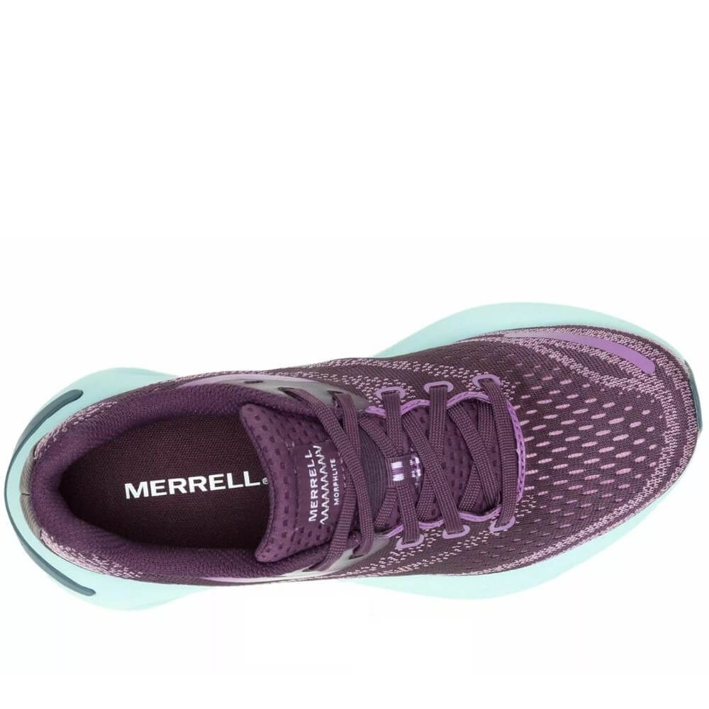 Purple Merrell running shoe with teal sole on a white background, featuring the GORE-TEX logo. Merrell Morphlite Gore-Tex Walking Shoe Plum
