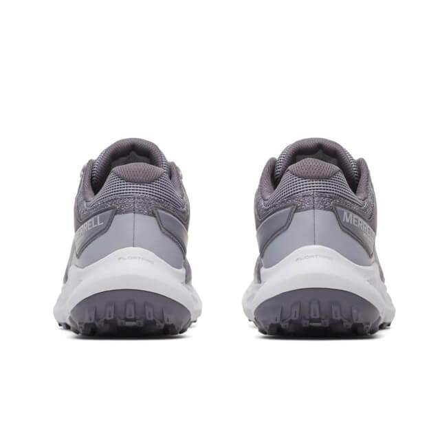 Pair of gray athletic shoes with visible brand logo on a white background