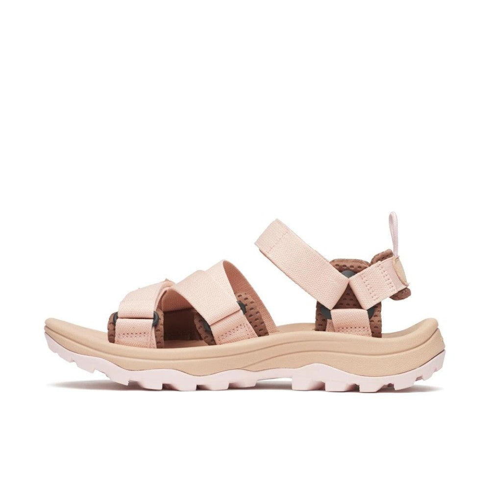 Merrell Beige and brown sandals with white sole on a white background