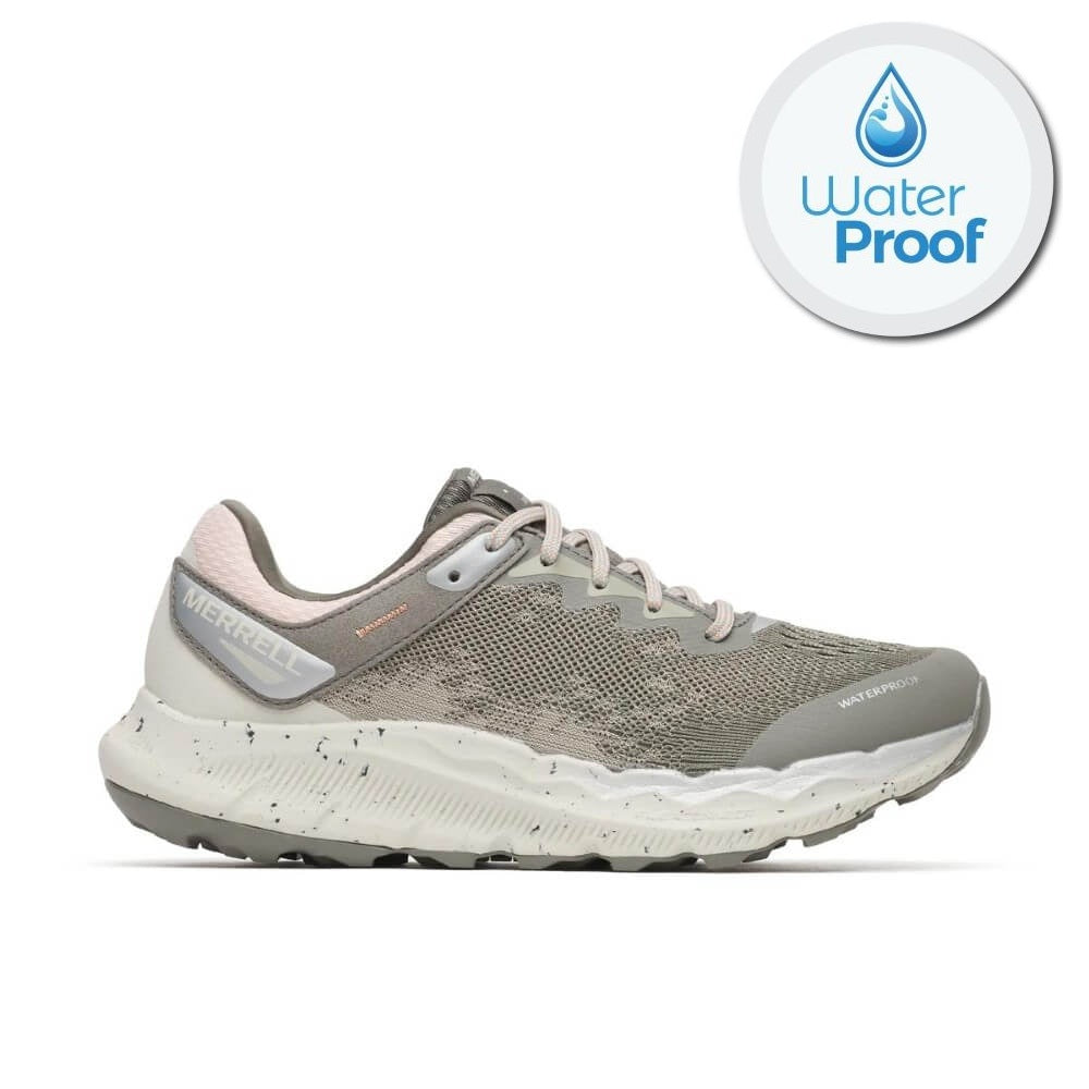A single Merrell waterproof running shoe in a light grey and beige colourway, featuring a textured knit upper, a speckled white midsole, and a light grey outsole, shown against a plain white background.