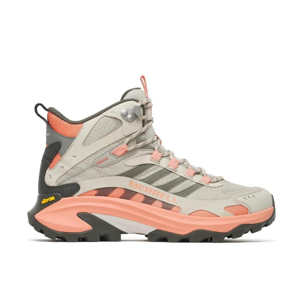 A Merrell mid-height hiking boot in light gray and coral pink, featuring a Vibram sole, shown from a side profile on a white background.