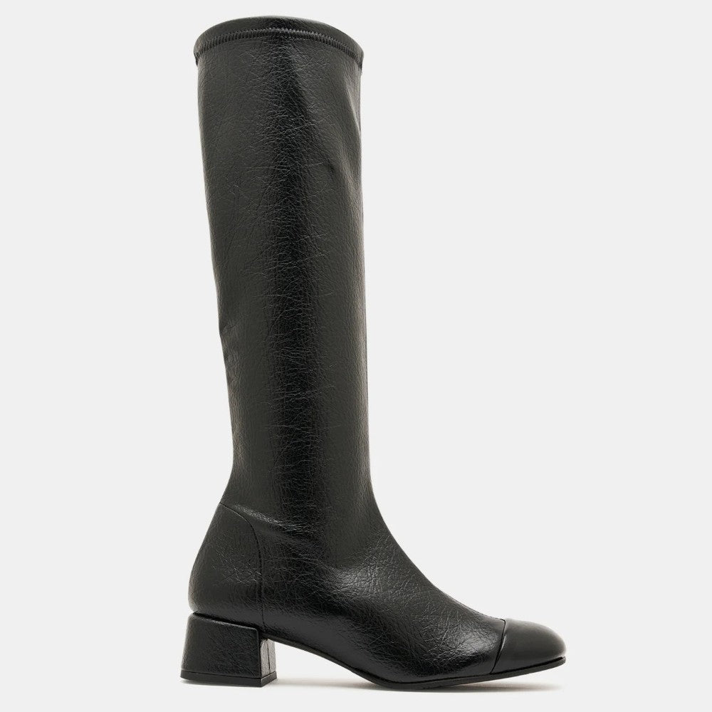 Miss Elastic Black knee-high boot on a light grey background
