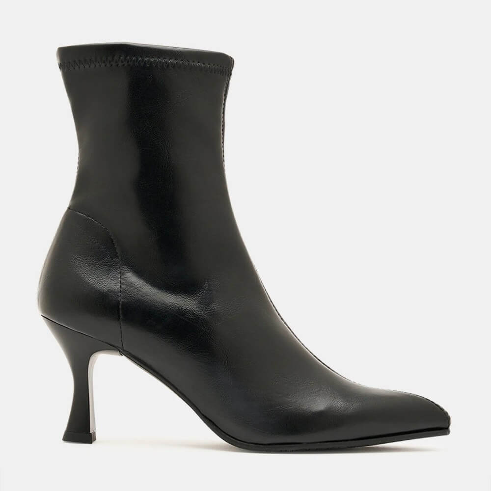 Miss Elastic black Stretch ankle boot with a pointed toe and a slim kitten heel, shown in profile against a light grey background.
