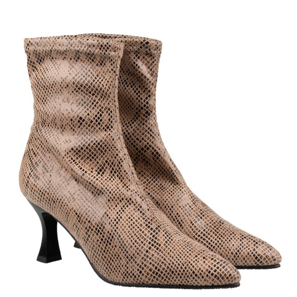 Beige snake print ankle boots with black heel on a white background Miss Elastic 78042 Sock Ankle Boot Snake Print