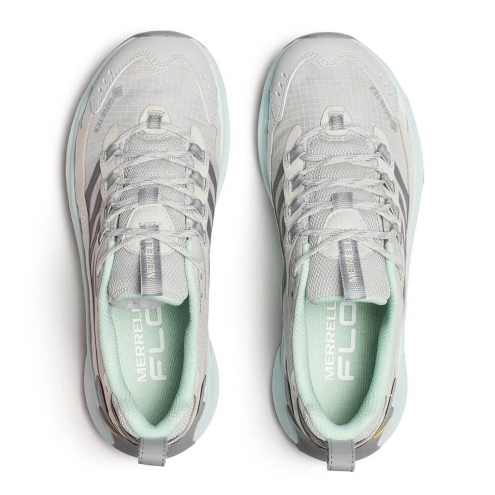 Merrell Gray and light blue sneaker with Gore-Tex logo on a white background