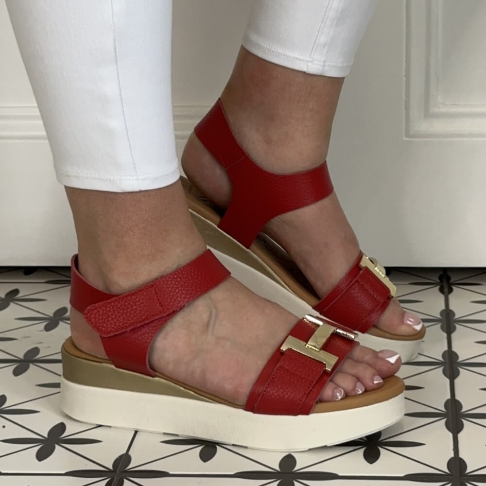 Oh My Sandals Low Leather Wedge 5672-RED