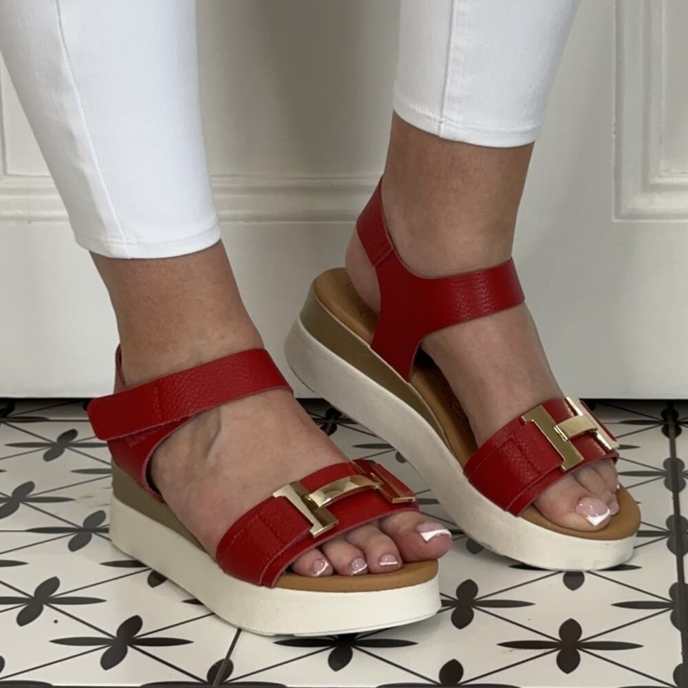 Oh My Sandals Low Leather Wedge 5672-RED
