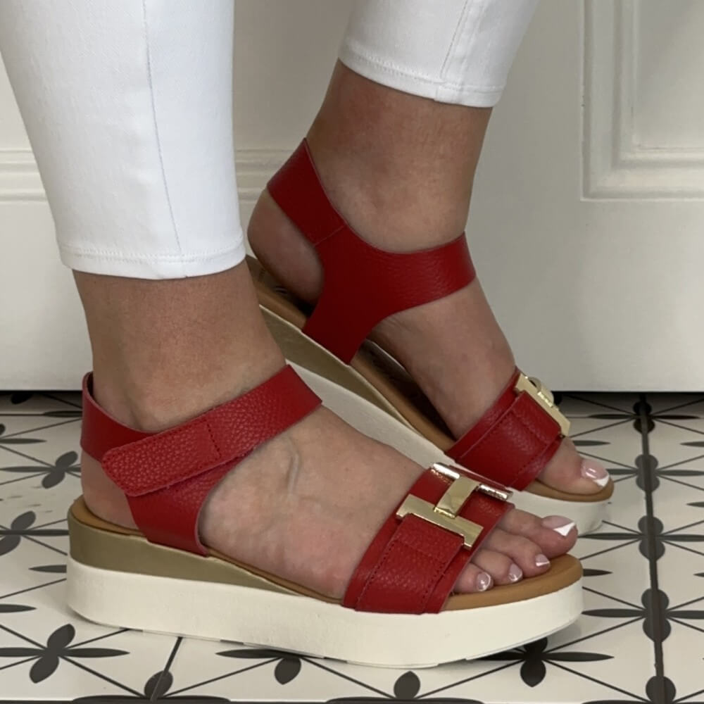 Oh My Sandals Low Leather Wedge 5672-RED