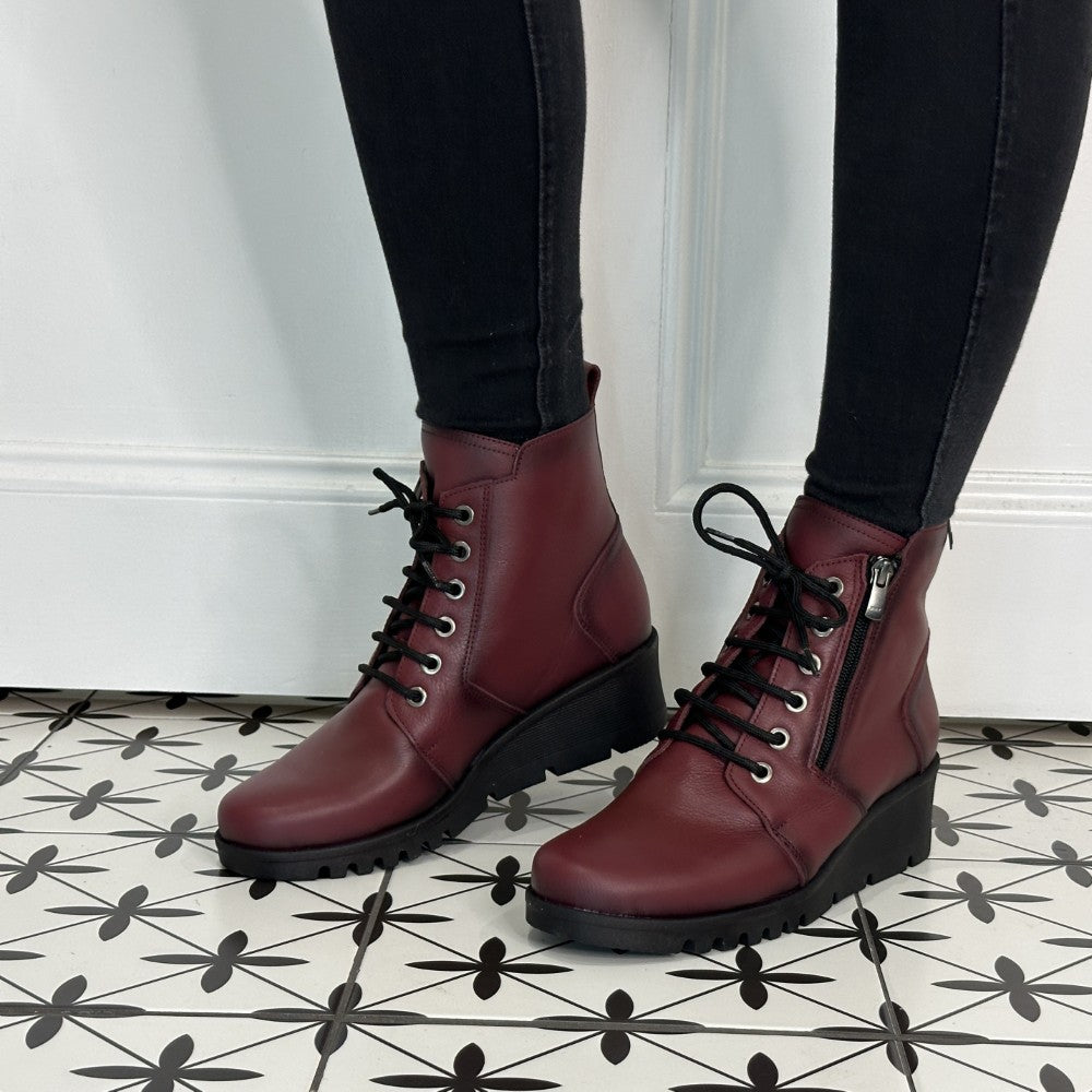 Wine Red Leather Wedge Laced Ankle Boots