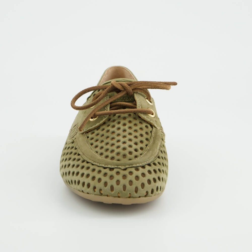 Paul Green 1218 Green Suede Moccasins on a white background