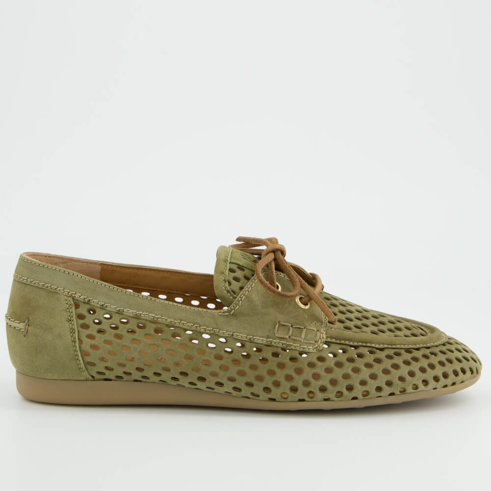 Paul Green 1218 Green Suede Moccasins on a white background