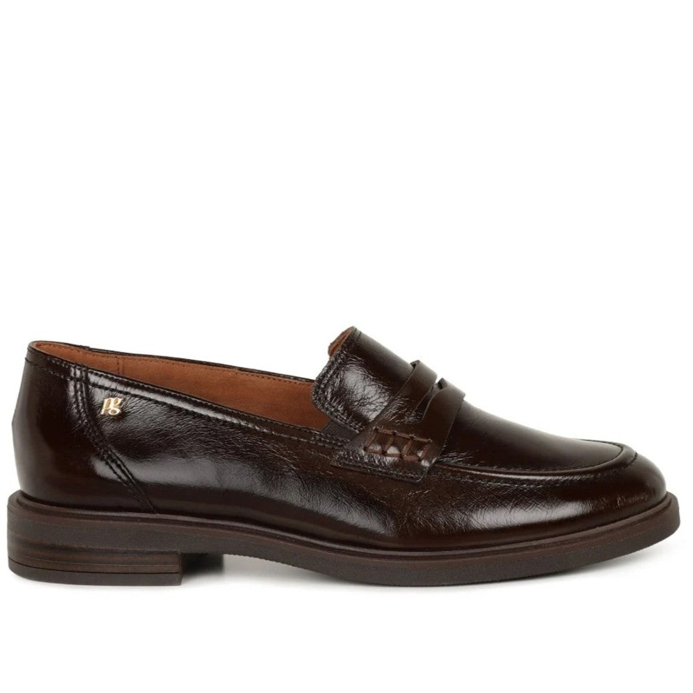 A Paul Green dark brown patent leather penny loafer shown in a side profile view against a plain white background.
