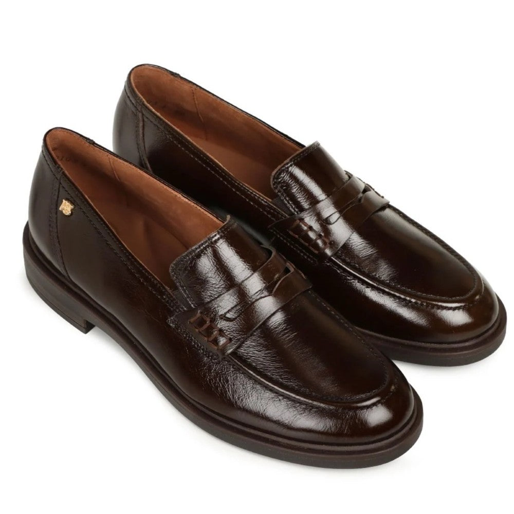 A pair of Paul Green dark brown leather penny loafers with a glossy finish, displayed on a clean white background.