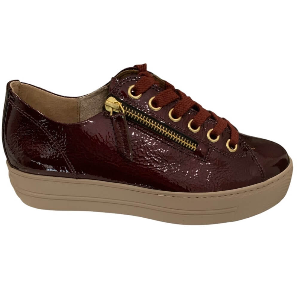 wine patent leather sneaker with gold zipper. Paul Green Supersoft Trainers 5006 Wine Patent