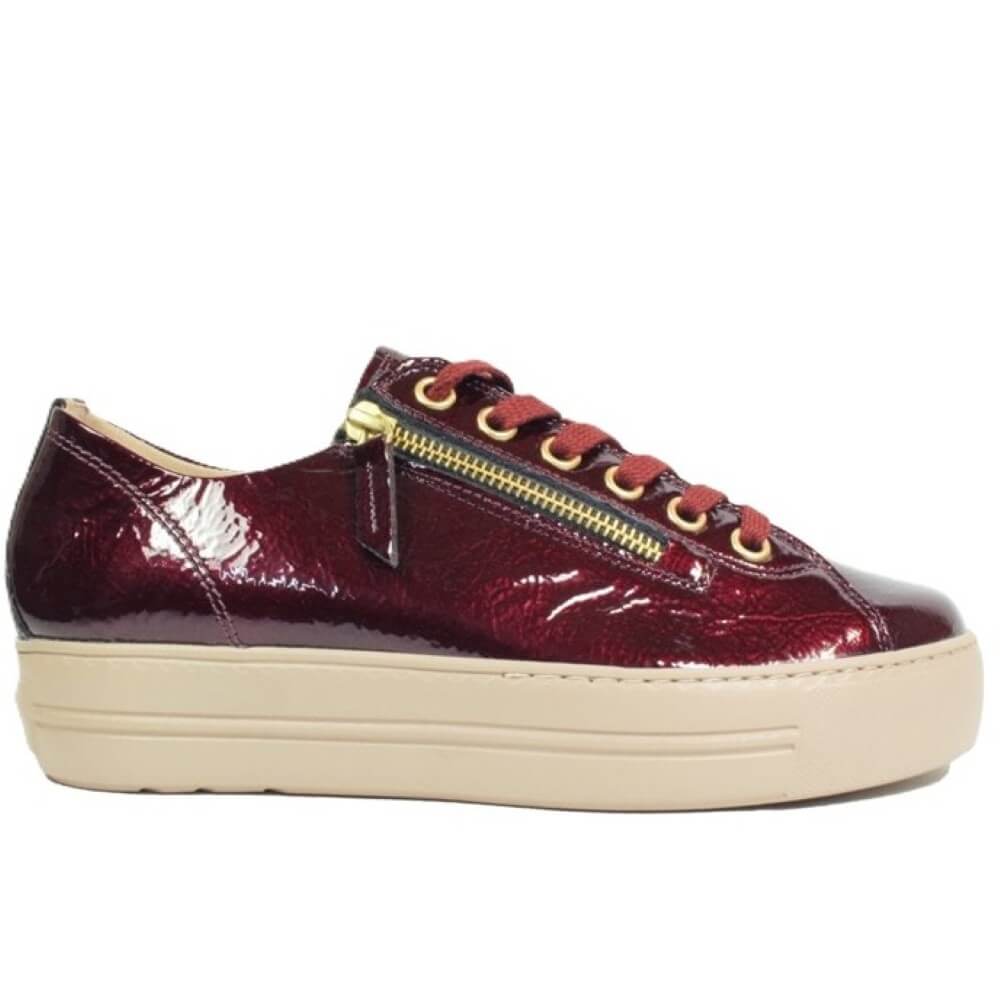 wine patent leather sneaker with gold zipper. Paul Green Supersoft Trainers 5006 Wine Patent