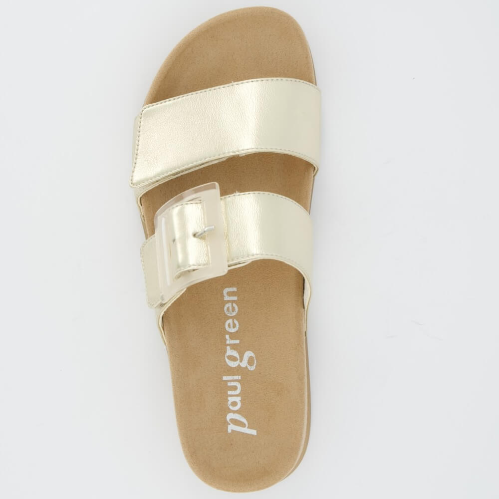 Paul Green 6157 Gold sandal with adjustable straps on a light grey background