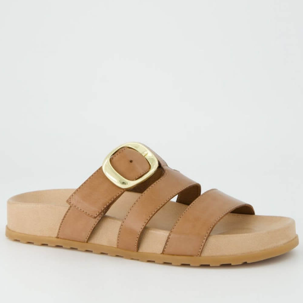 Paul Green 6171 Tan sandal with a gold buckle on a light grey background