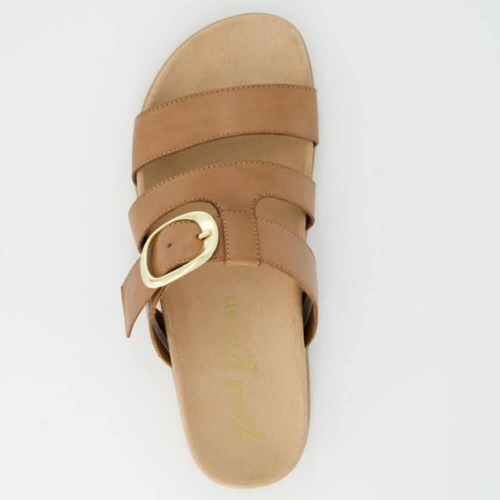 Paul Green 6171 Tan sandal with a gold buckle on a light grey background