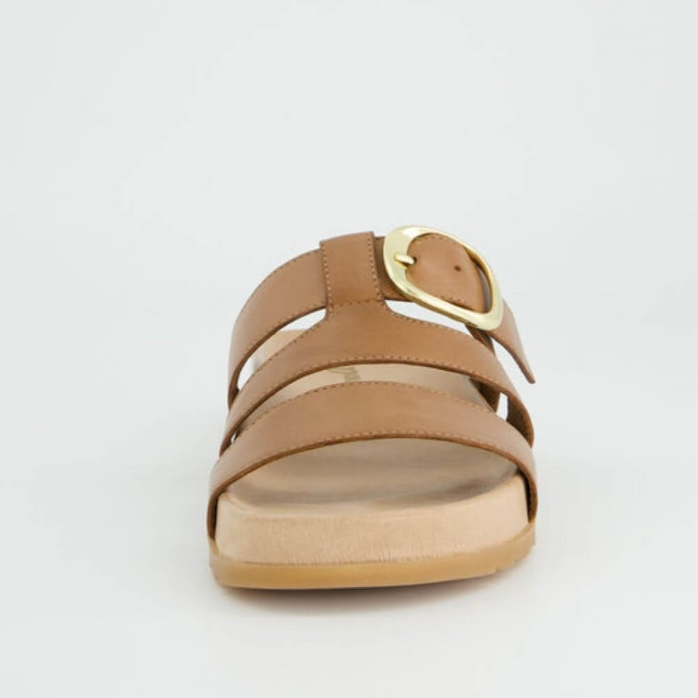 Paul Green 6171 Tan sandal with a gold buckle on a light grey background