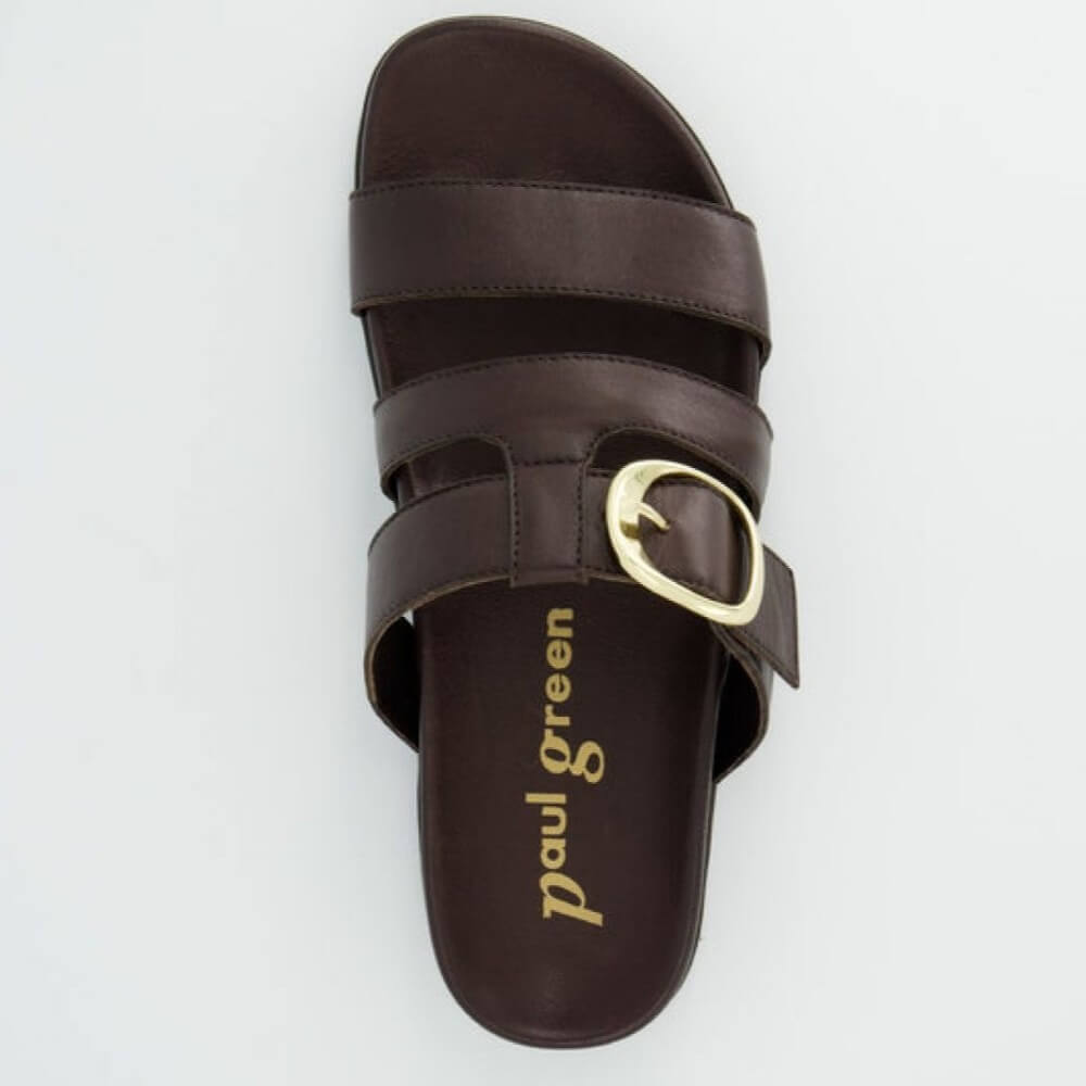 Paul Green 6171 Brown sandal with a gold buckle on a light grey background