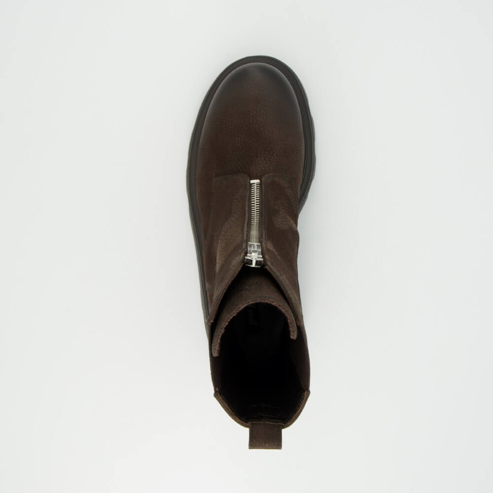 A Paul Green dark brown leather ankle boot with a silver metal zipper detail on the side, shown from a top-down view against a plain white background.
