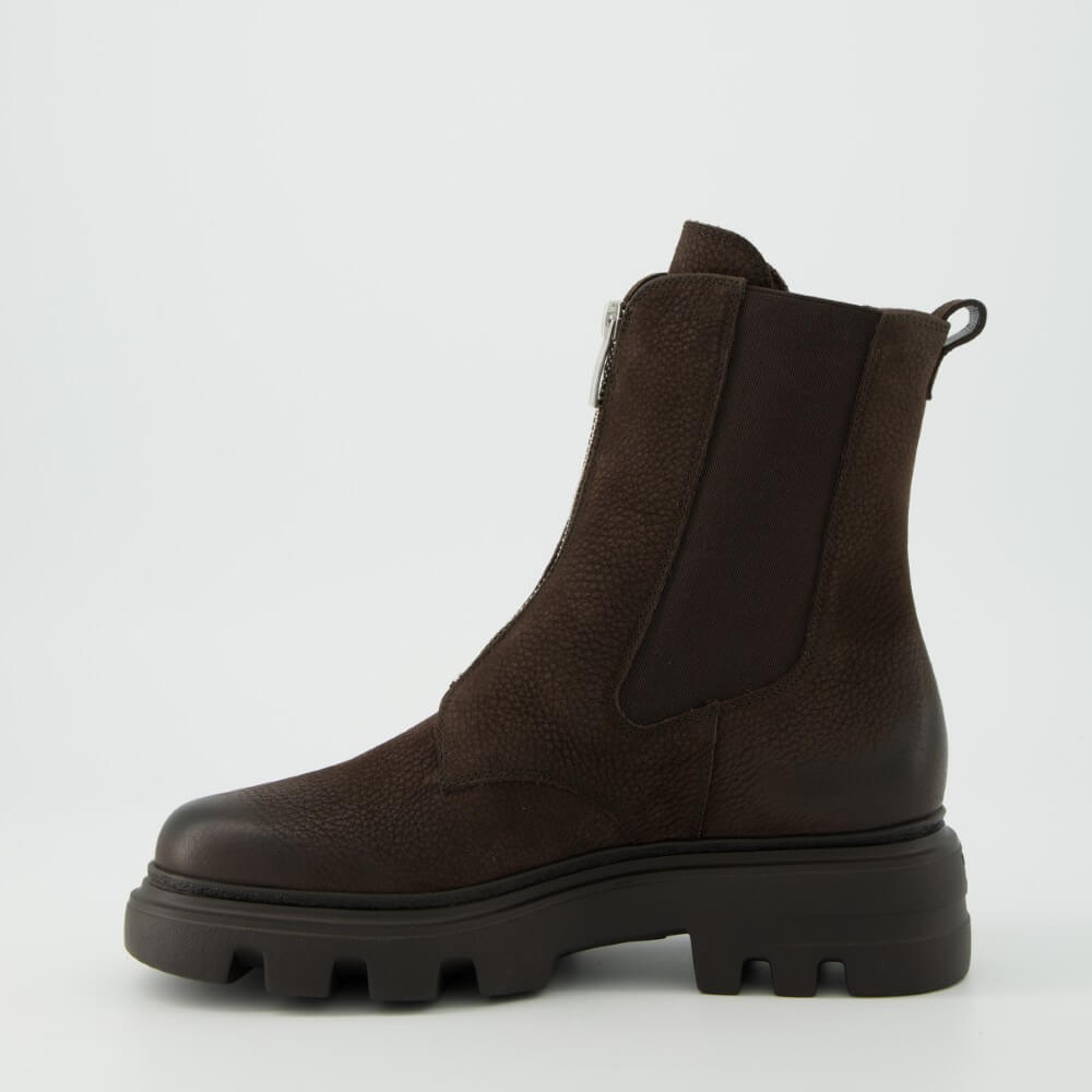 A Paul Green dark brown textured leather Chelsea-style ankle boot with a chunky black lug sole, shown in a side profile on a light grey background.