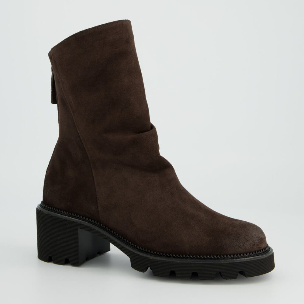 A Paul Green dark brown suede ankle boot with a chunky black block heel and a back zipper, shown from a side profile on a light grey background.