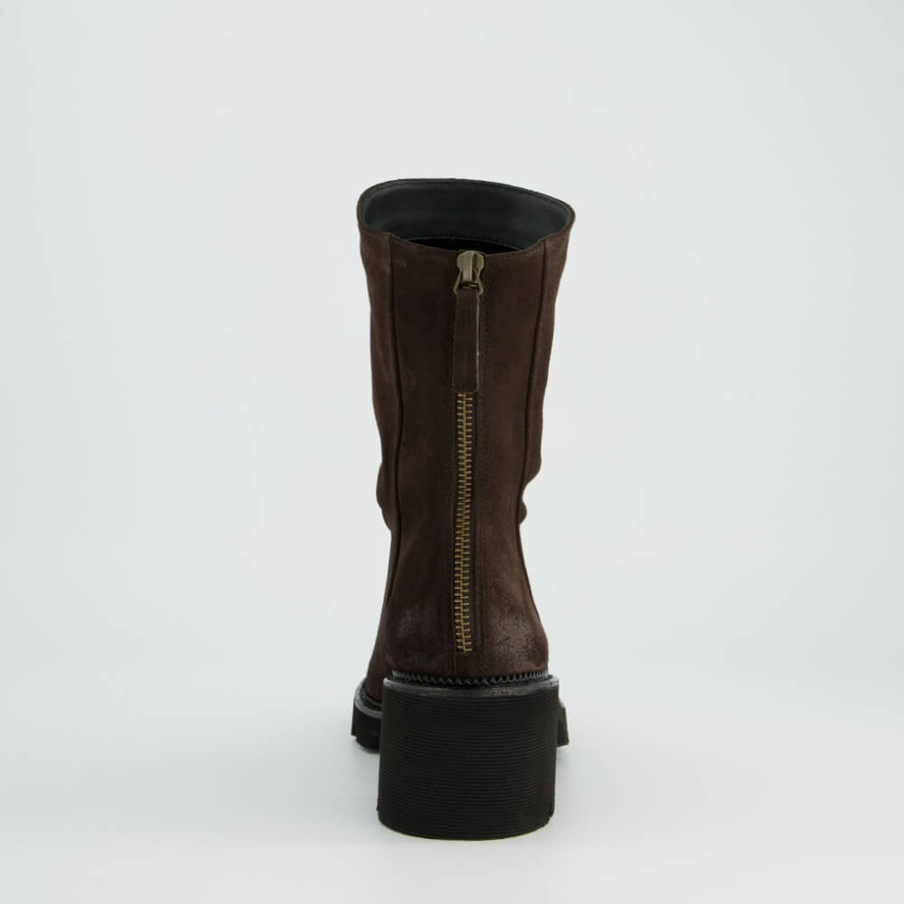 A Paul Green dark brown suede ankle boot with a chunky black block heel and a back zipper, shown from a back profile on a light grey background.