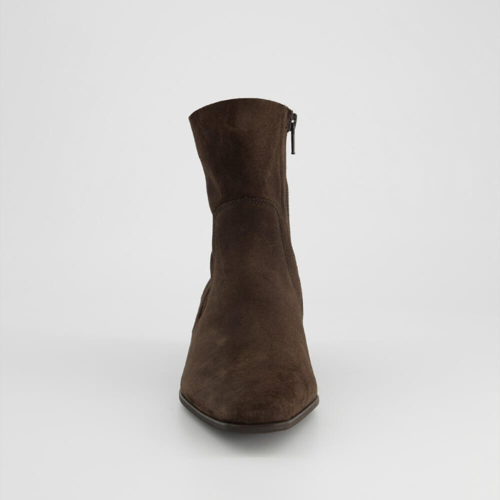 A single dark brown suede ankle boot with a side zipper, shown from a front-facing perspective against a light gray studio background.