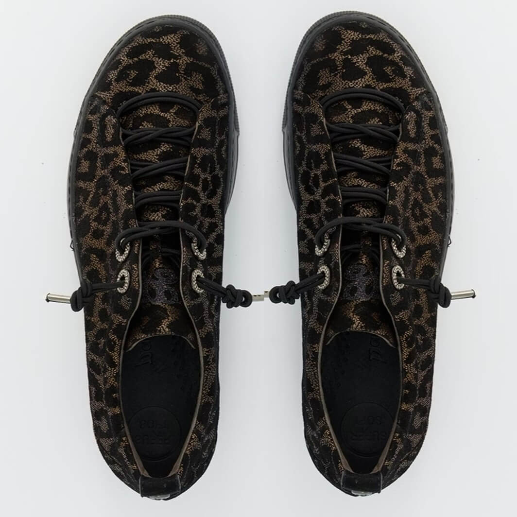 Leopard print sneaker with black sole. Paul Green 5417 Elastic Laces Glossy Leopard Bronze