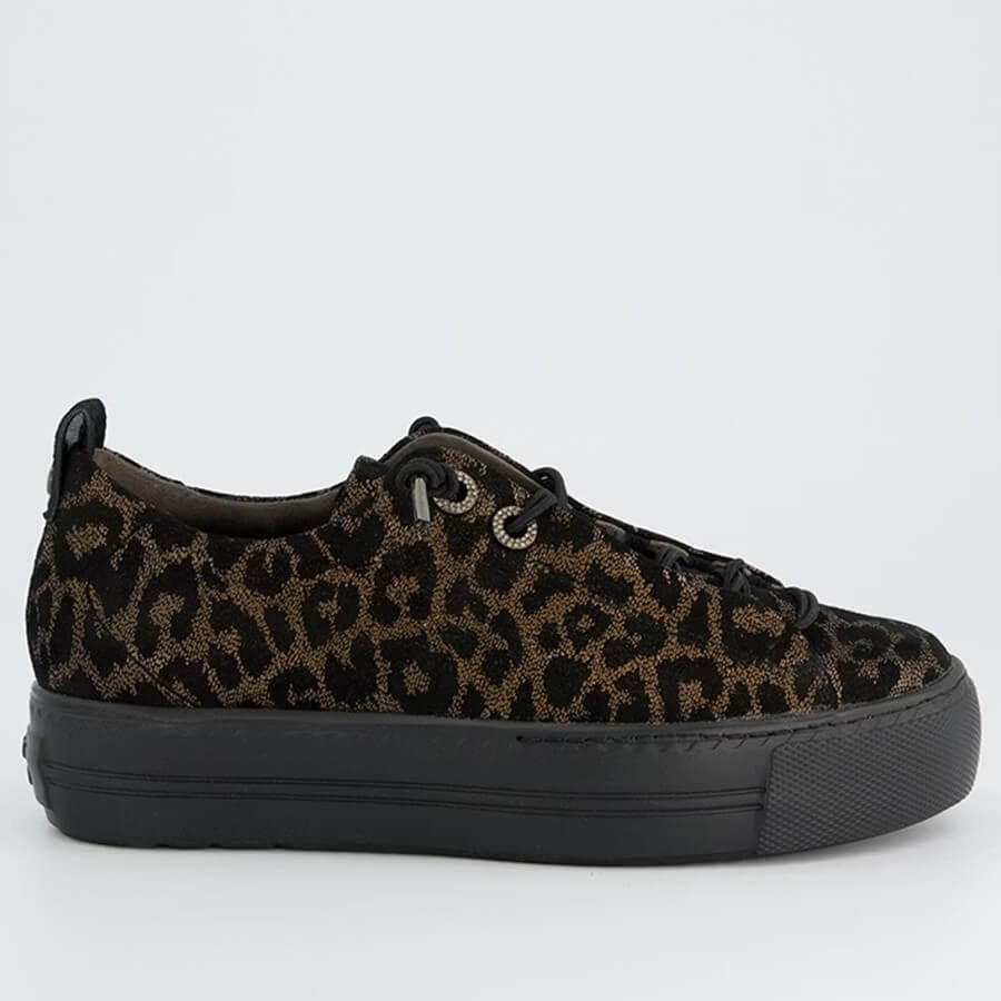 Leopard print sneaker with black sole. Paul Green 5417 Elastic Laces Glossy Leopard Bronze