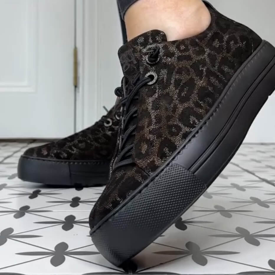 Leopard print sneaker with black sole. Paul Green 5417 Elastic Laces Glossy Leopard Bronze